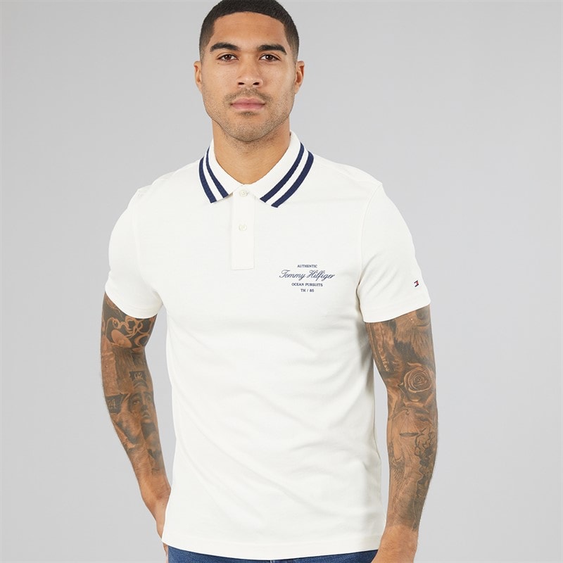 Tommy Hilfiger Mens Left Chest Graphic Polo Shirt Ivory Petal