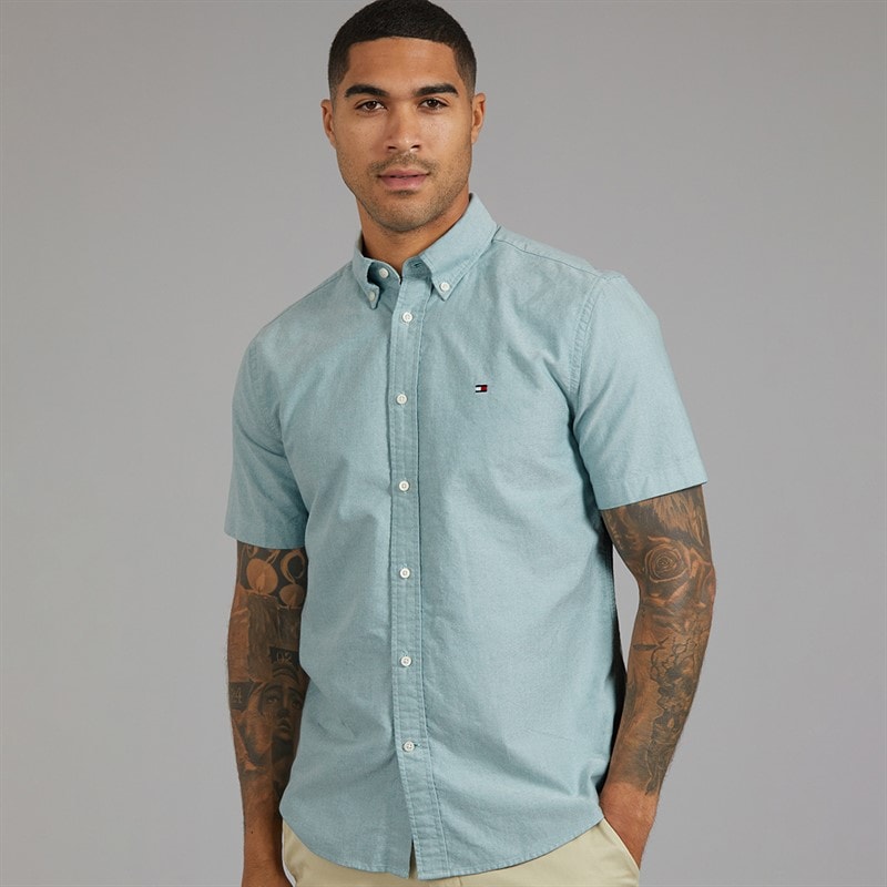 Tommy Hilfiger Mens Heritage Oxford Short Sleeve Shirt Ornamental Green