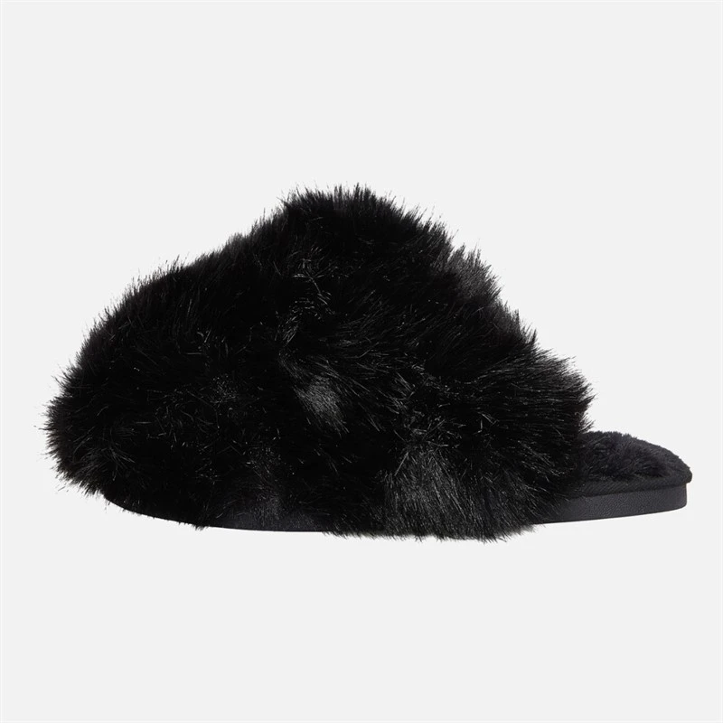 Truffle Collection Womens Fluffy Mule Slippers Black Fur