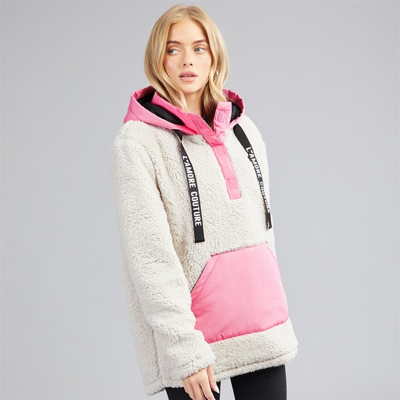 L'amore Couture Womens Nebraska Borg Hooded Jacket Camel/Pink