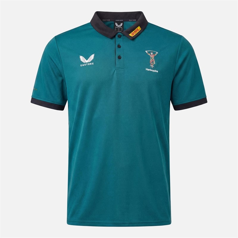 Castore Mens HFC Harlequins Rugby Travel Polo Shirt Chesapeake Bay/Caviar
