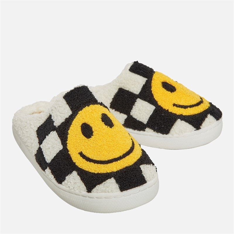 KRUSH Womens Happy Face Mule Slippers Black/White Check