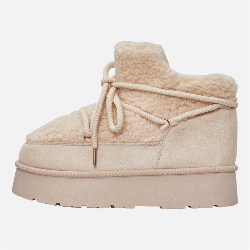 KRUSH Womens Lace Detail Cosy Borg Ankle Boots Beige