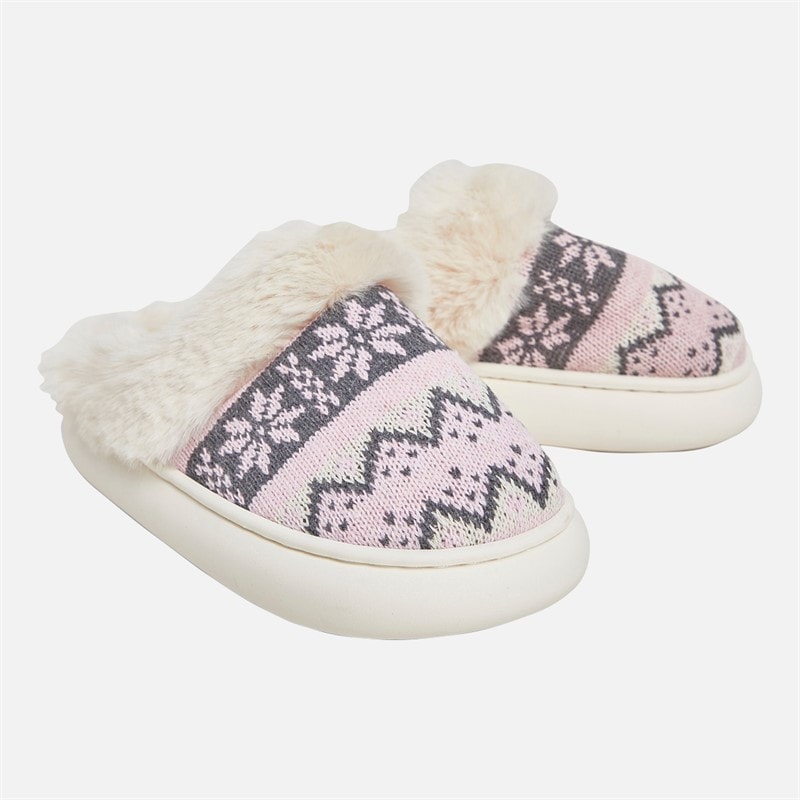 KRUSH Womens Fairisle Mule Slippers Beige/Pink