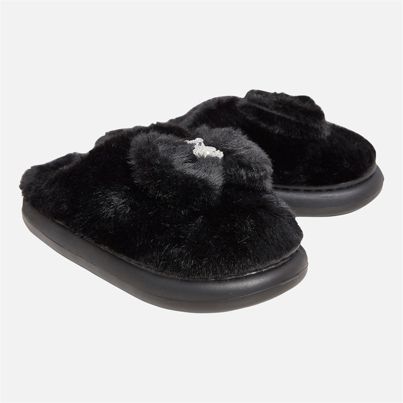KRUSH Womens Teddy Trim Fur Slippers Black