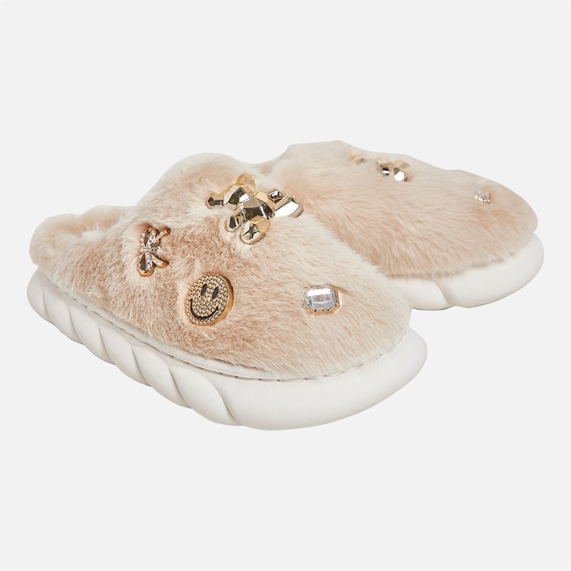 KRUSH Womens Jewel Trim Mule Slippers Beige
