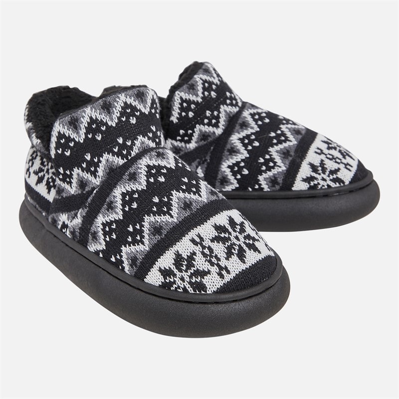 KRUSH Womens Fairisle Bootie Slippers Black/Grey/White