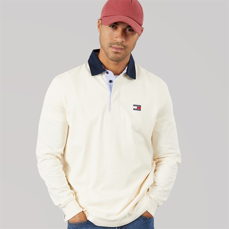 Tommy Jeans Mens Relaxed Badge Rugby Shirt Cream