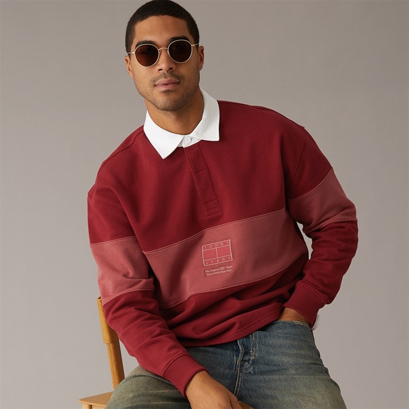 Tommy Jeans Mens Relaxed Fit Tonal Flag Rugby Shirt Magma Red