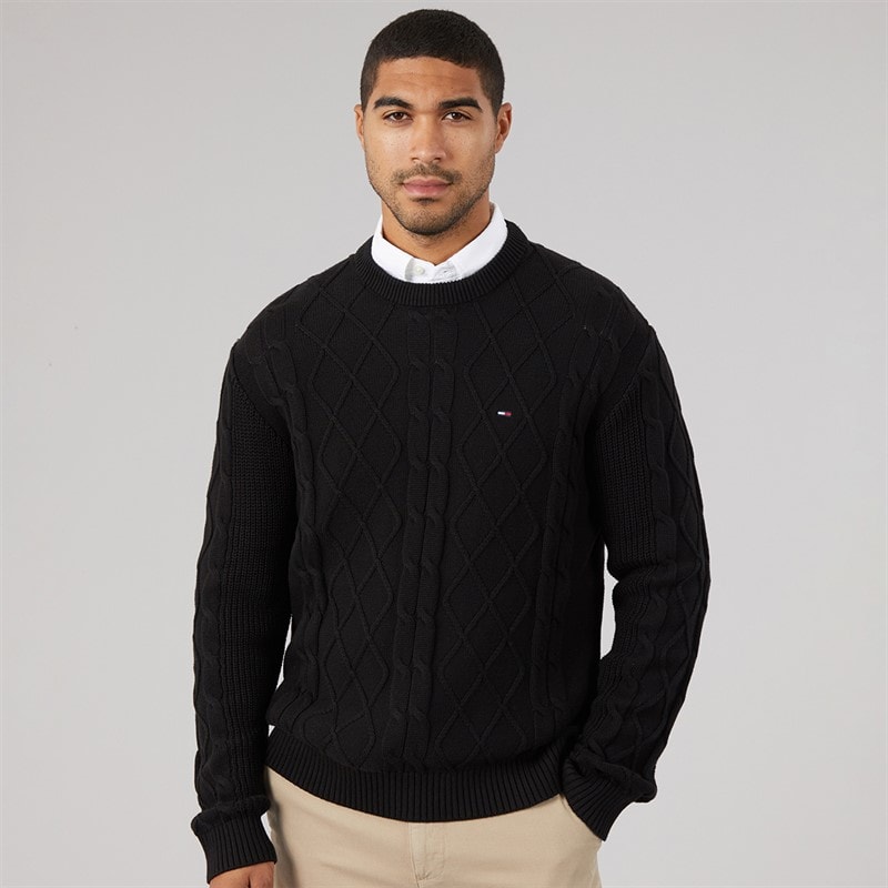 Tommy Jeans Mens Classic Flag Cable Jumper Black