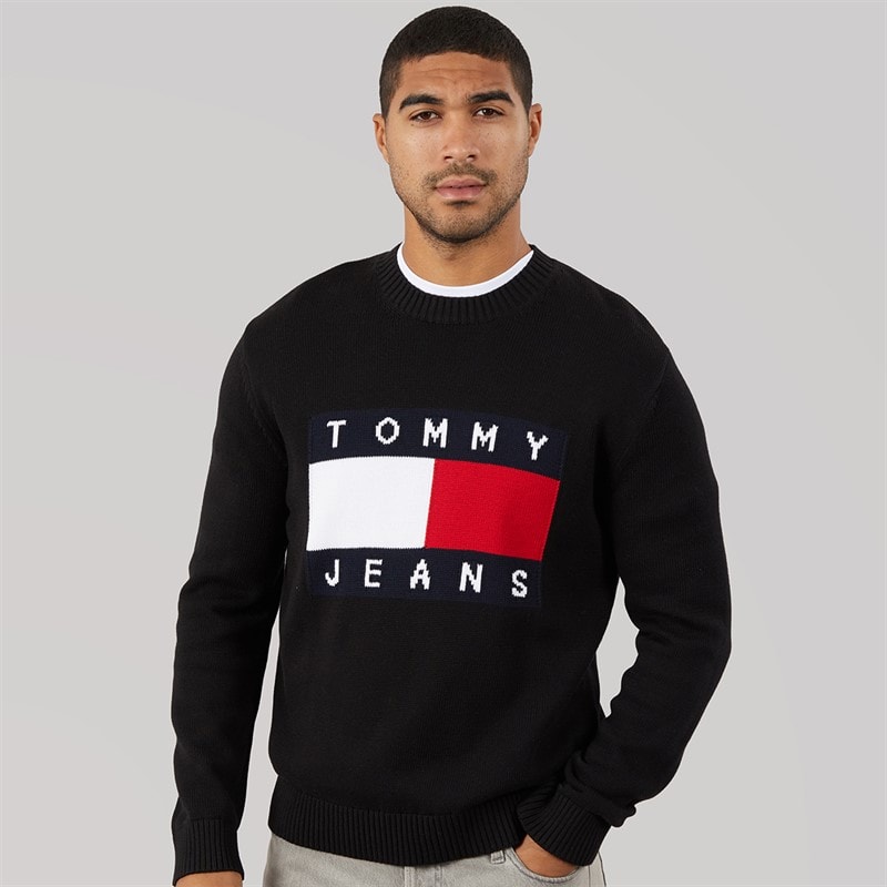 Tommy Jeans Mens Flag Crew Neck Jumper Black