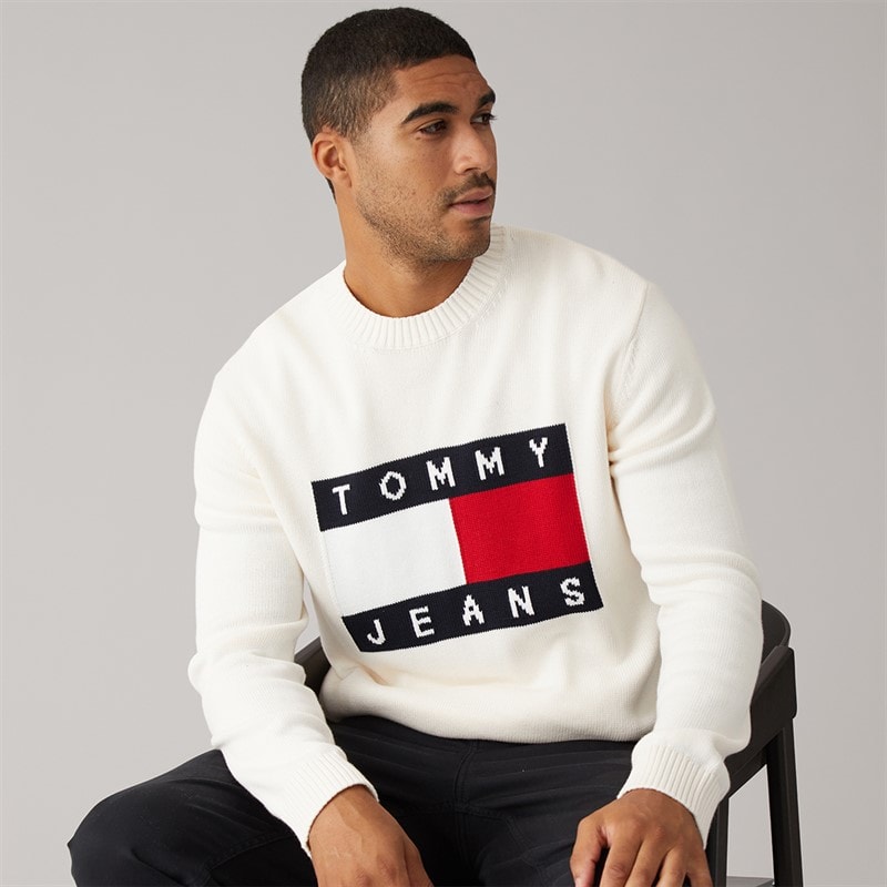 Tommy Jeans Mens Flag Crew Neck Jumper Ancient White
