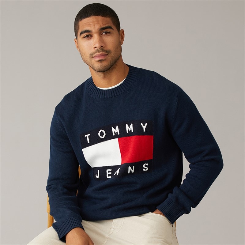 Tommy Jeans Mens Flag Crew Neck Jumper Dark Night Navy