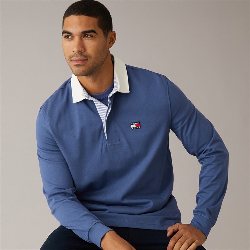 Tommy Jeans Mens Relaxed Badge Rugby Shirt Blue Storm