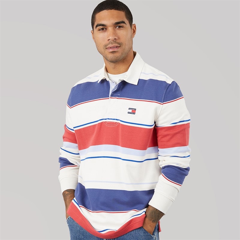 Tommy Jeans Mens Relaxed Stripe Rugby Shirt Ecru Multi