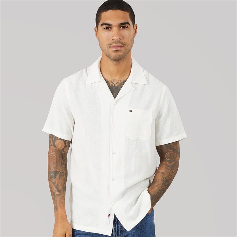 Tommy Jeans Mens Linen Blend Short Sleeve Shirt Ecru