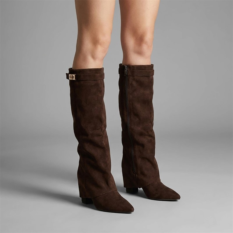 SEQWL Womens Knee High Fold-Over Heel Boots Chocolate Micro