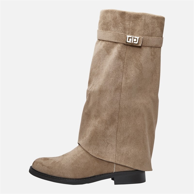 SEQWL Womens Knee High Foldover Boots Taupe Micro