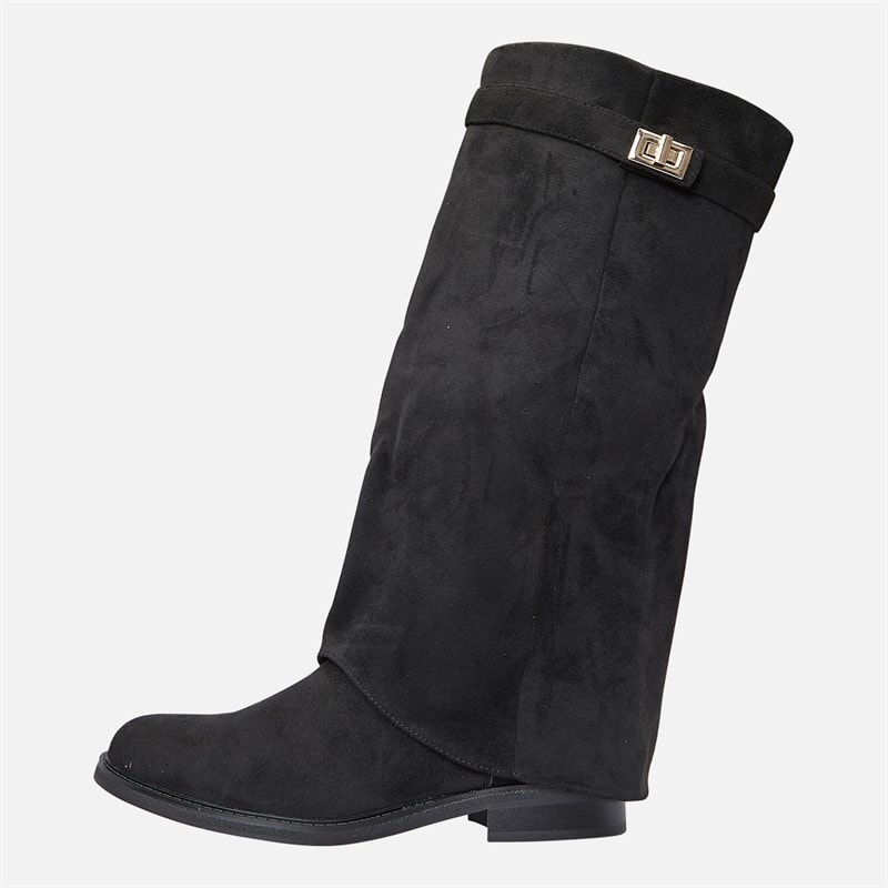 SEQWL Womens Knee High Foldover Boots Black Micro