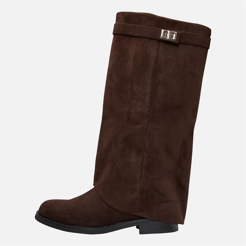 SEQWL Womens Knee High Foldover Boots Chocolate Micro