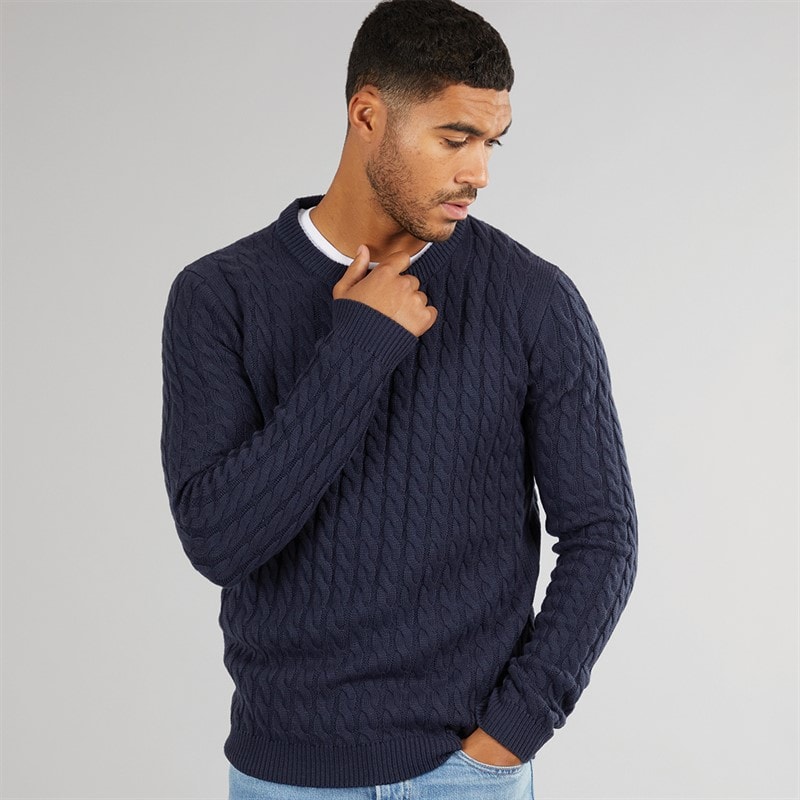 Avant Garde Mens Cable Crew Neck Jumper Navy