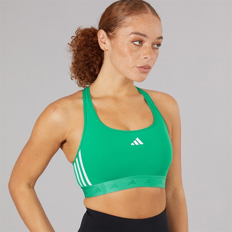 adidas Womens Powerreact Hyperglam Medium Support Sports Bra Semi Court Green/White