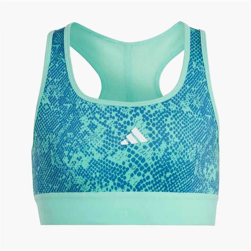 adidas Junior Girls Aeroready Powerreact Animal Print Padded Sports Bra Easy Green/Blue Fusion/White