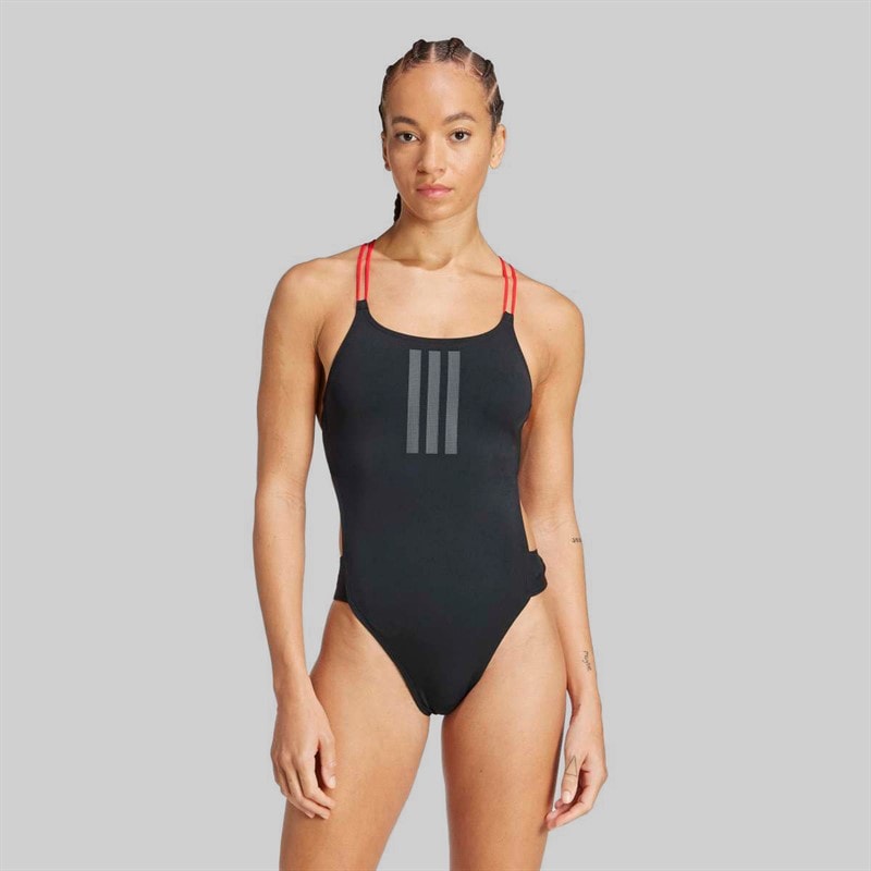 adidas Womens Ripstream 3-Stripes X-Back Swimsuit Black/Pure Ruby
