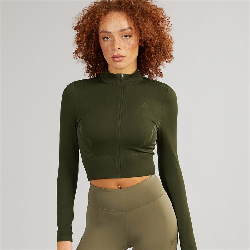 adidas Womens Workout Essentials Knit Full Zip Track Top Night Cargo