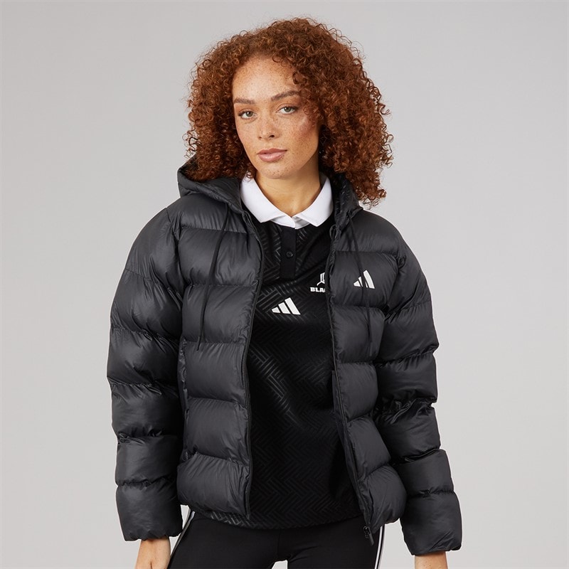 adidas Womens Essentials Climawarm Synthetic Down Puffer Hooded Jacket Black