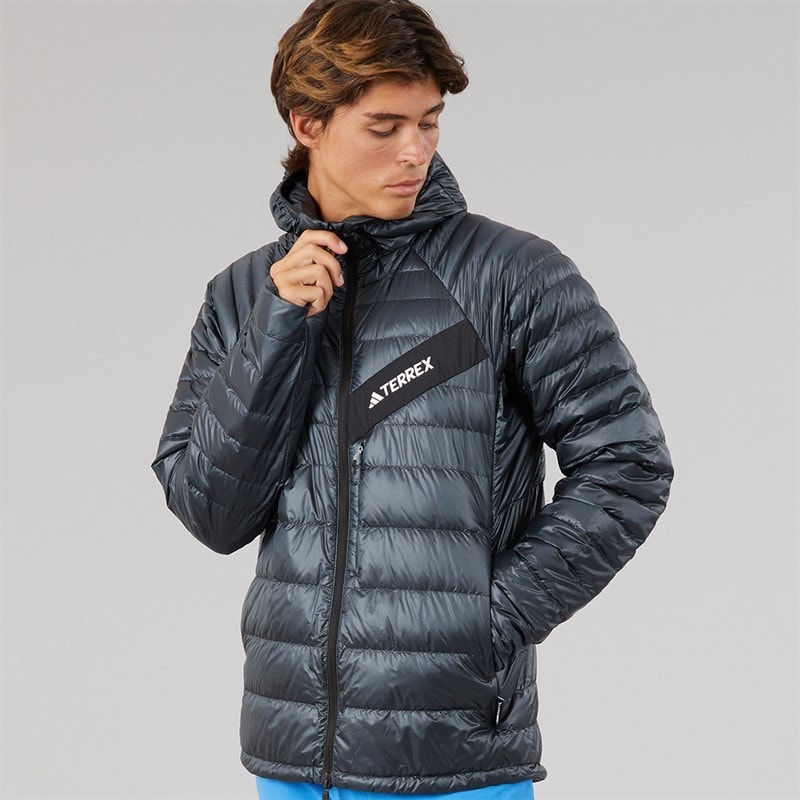 adidas Mens Terrex Techrock Climawarm+ Down Insulated Hooded Jacket Carbon
