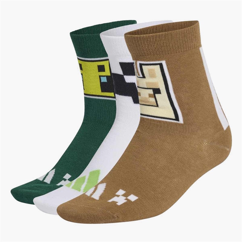 adidas Kids x Minecraft Three Pack Crew Socks Carbon/Brown Desert/Collegiate Green