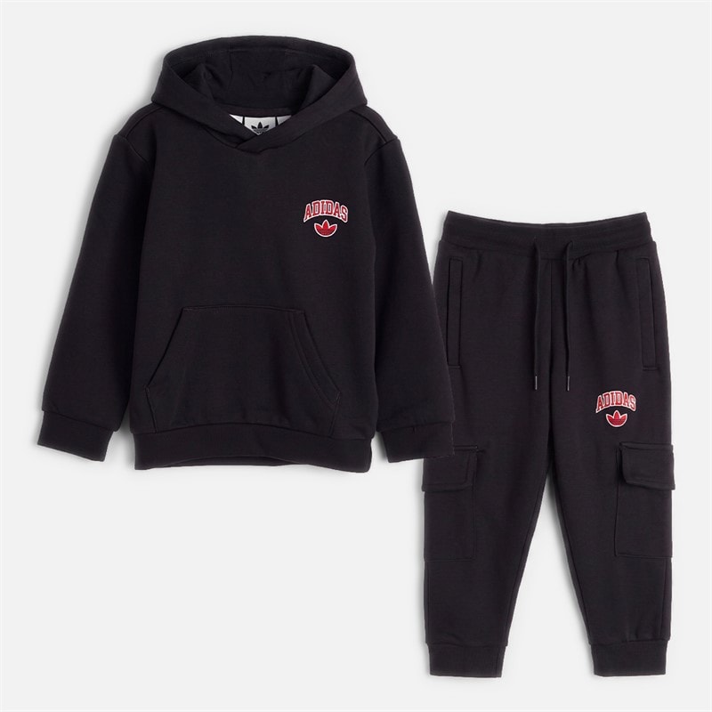 adidas Originals Boys World Tour Back Graphic Hoodie And Cargo Pants Tracksuit Black