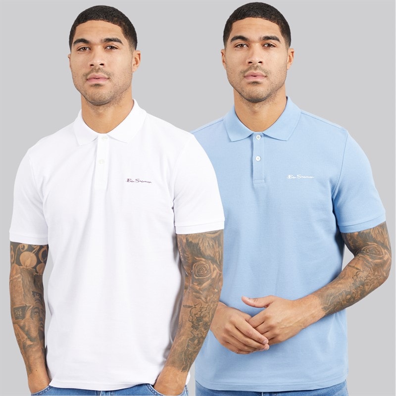 Ben Sherman Mens Two Pack Plain Polo Shirts White/Glacier