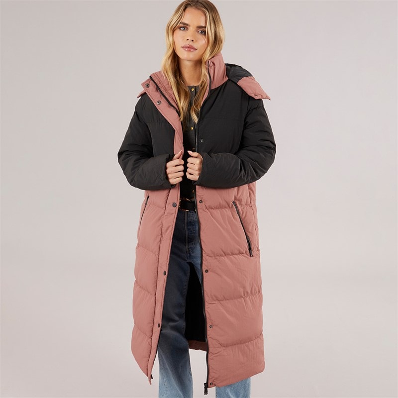 Brave Soul Womens Myra Long Hooded Puffer Coat Black/Dusky Pink