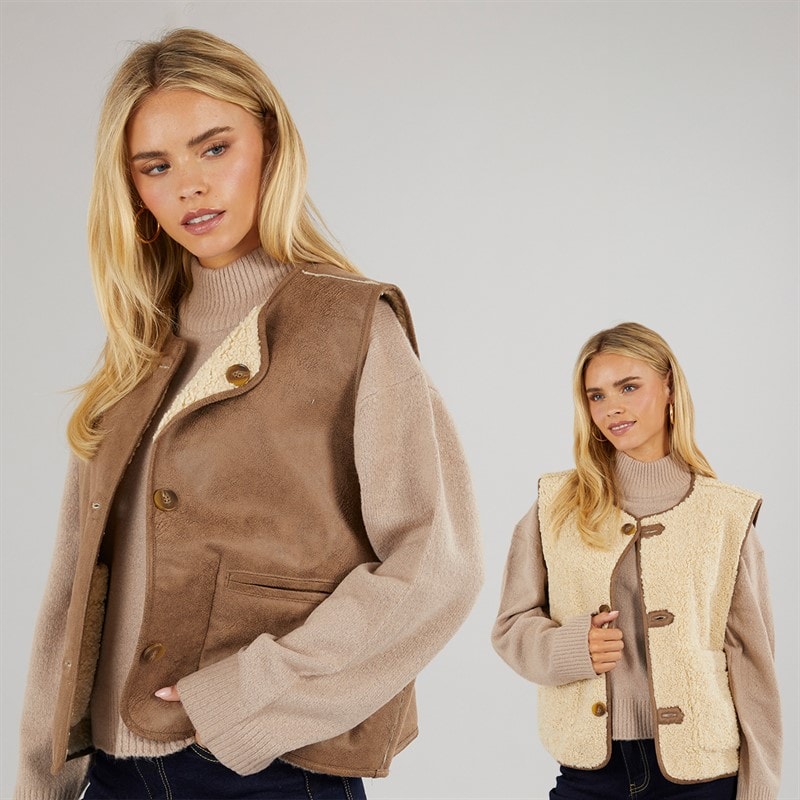 Brave Soul Womens Reversible Gilet Tan Cream