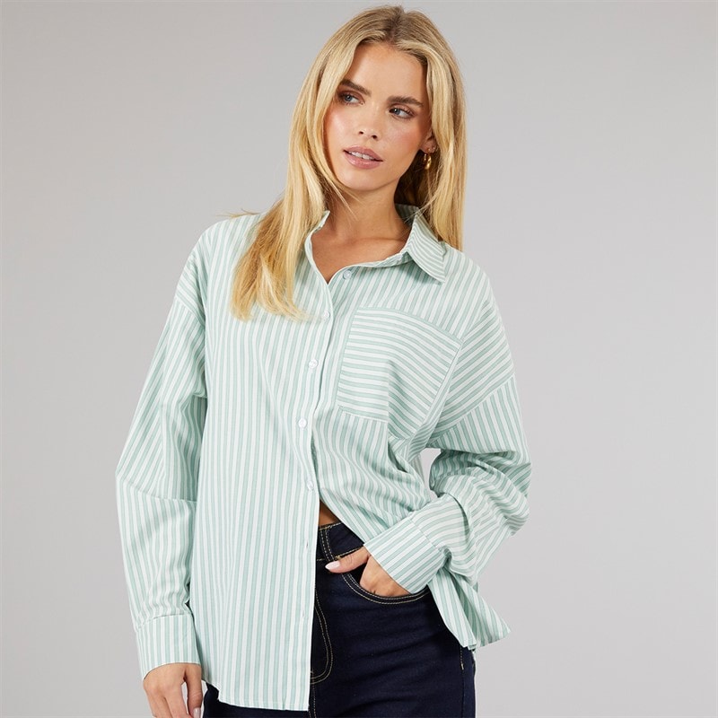 Brave Soul Womens Francis Oversized Shirt Green/White