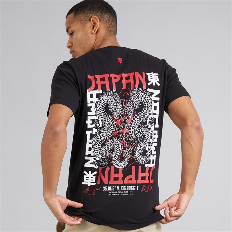 Brave Soul Mens Aichi T-Shirt Jet Black/Multi Colour Print