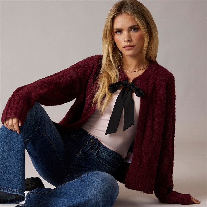 Brave Soul Womens Silken Cardigan Wine/Black