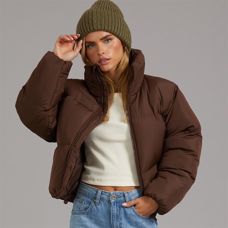 Brave Soul Womens Ramblin Short Puffer Jacket Chocolate