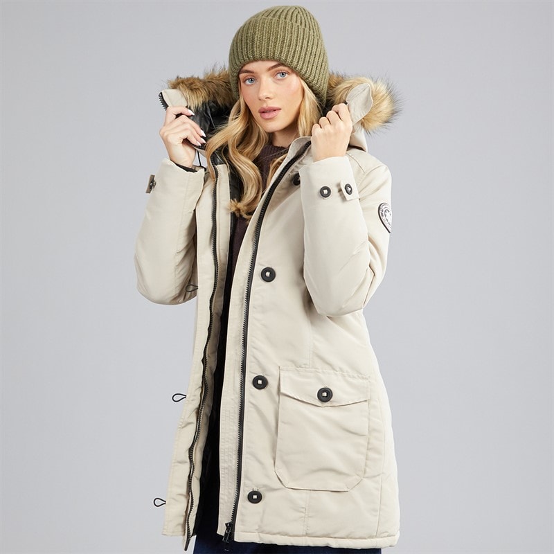 Brave Soul Womens Jacobs Faux Fur Parka Taupe