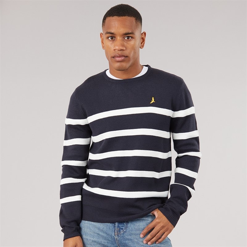Brave Soul Mens Morlen Knitted Crew Neck Jumper Midnight Navy/Ecru