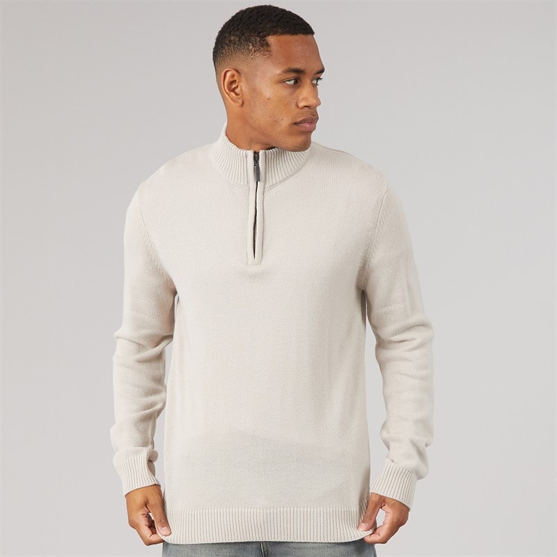 Brave Soul Mens Kester 1/4 Zip Funnel Neck Jumper Stone/Dark Charcoal Marl