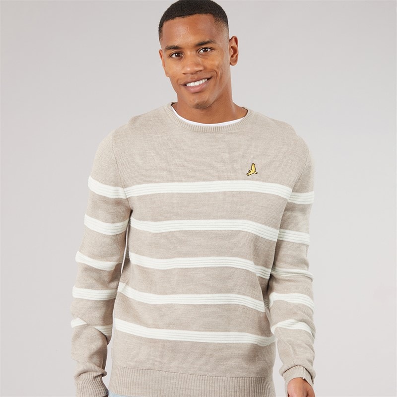 Brave Soul Mens Morlen Knitted Crew Neck Jumper Taupe/Ecru