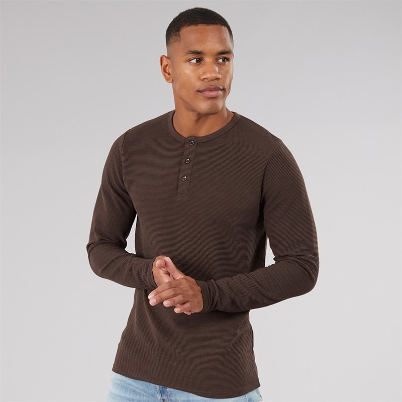 Brave Soul Mens Garavitob Long Sleeve Henley Top Bitter Chocolate