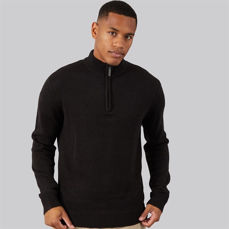 Brave Soul Mens Kester 1/4 Zip Funnel Neck Jumper Jet Black/Dark Charcoal Marl