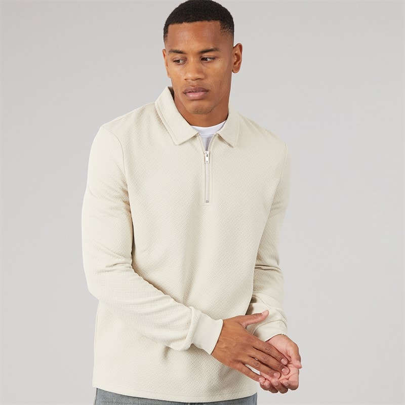 Brave Soul Mens Lamont 1/4 Zip Long Sleeve Polo Shirt Light Stone