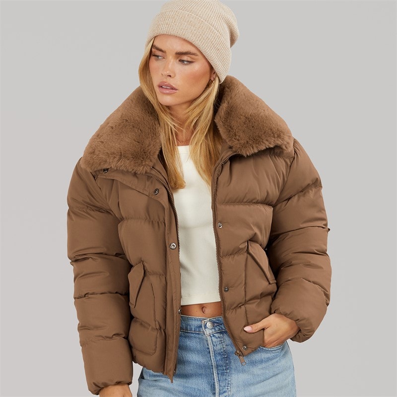 Brave Soul Womens Riha Short Puffer Jacket Brown