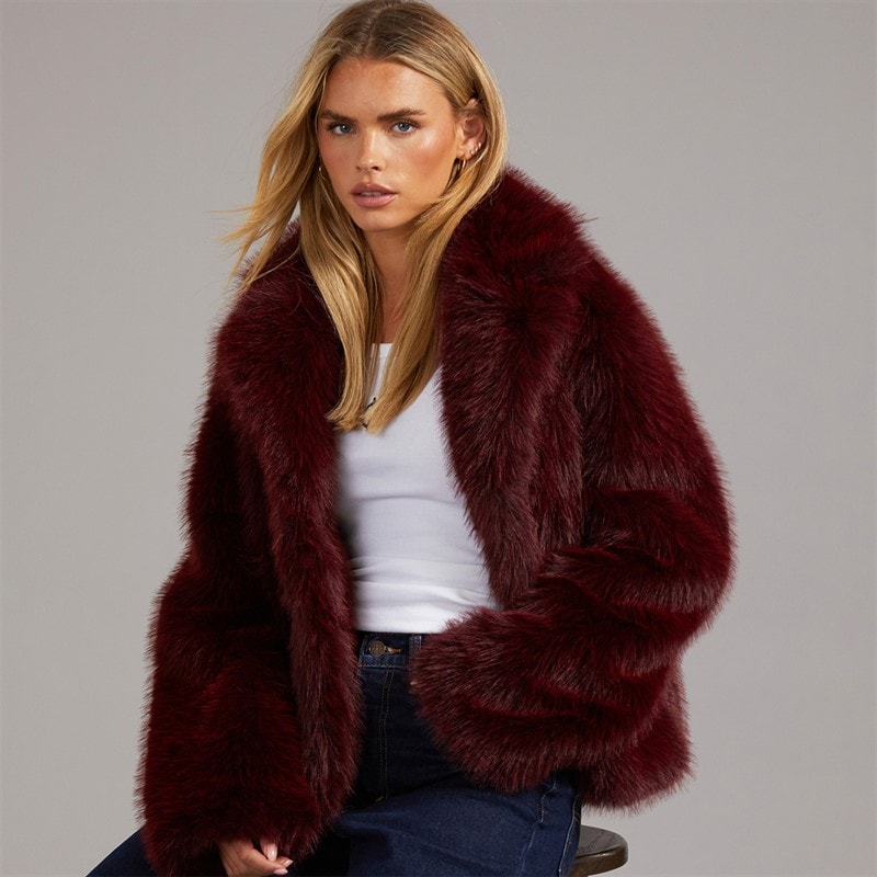 Brave Soul Womens Chive Faux Fur Jacket Burgundy