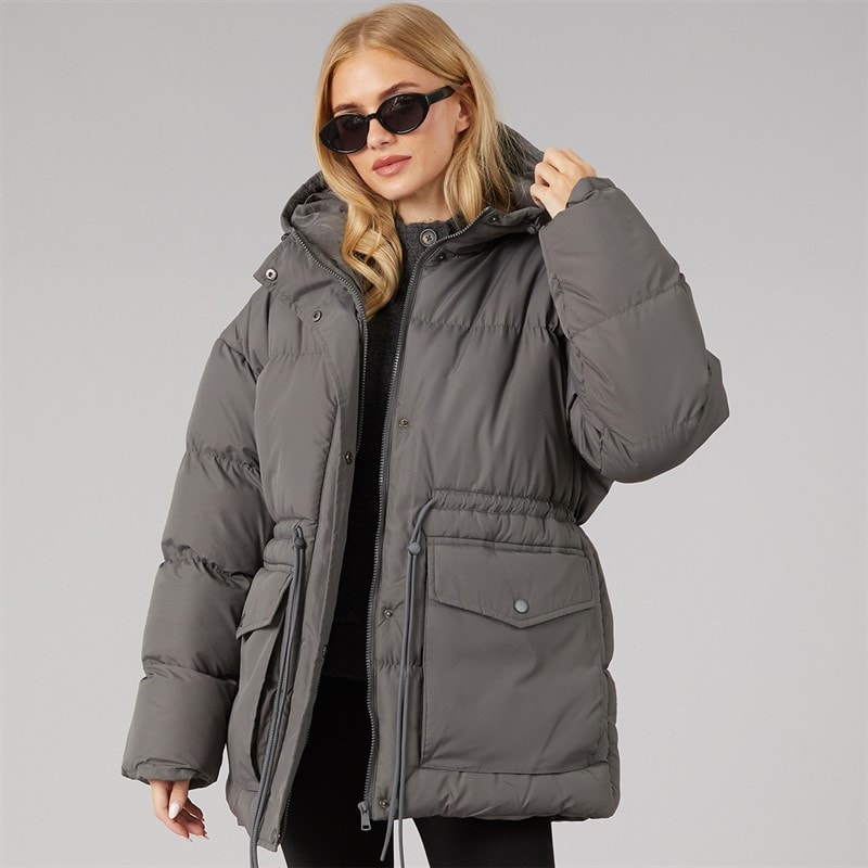 Brave Soul Womens Zia Short Puffer Jacket Charcoal